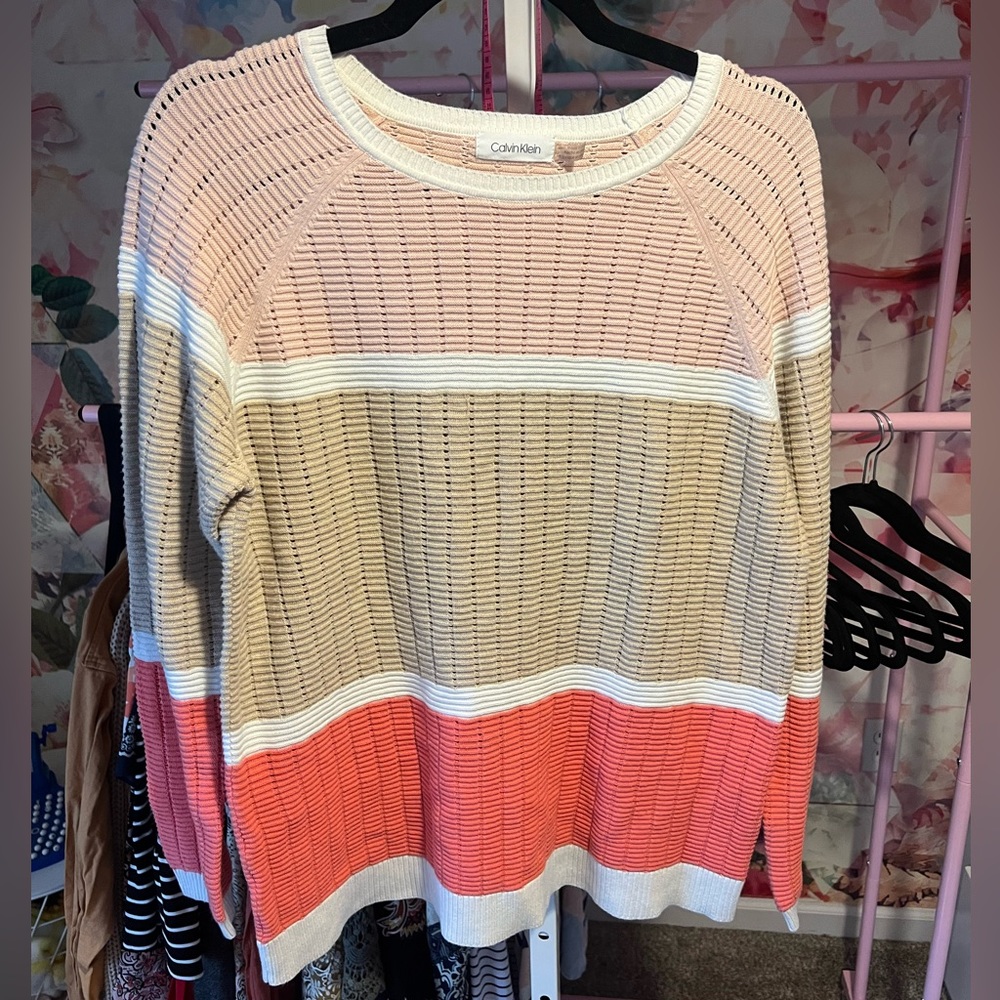 Calvin Klein Striped Open-Knit Sweater in Pink, Beige, Coral and White